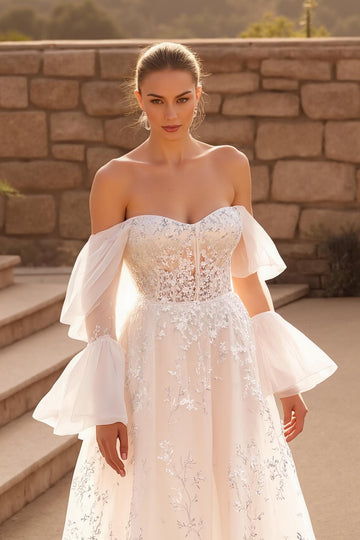 Boho Ivory Off The Shoulder A-Line Long Sleeve Wedding Dress